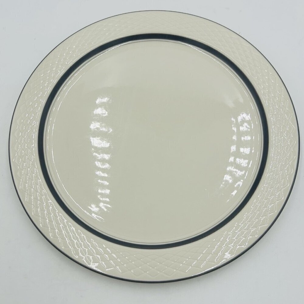 Delco China Ivory Embossed Basketweave 12" Chop Plate Slate Blue Stripe USA